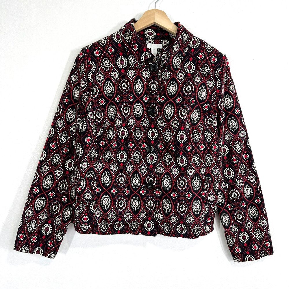 Charter‎ Club Lined Blazer Coat Womens XL Button Up Red Black Geometric Print